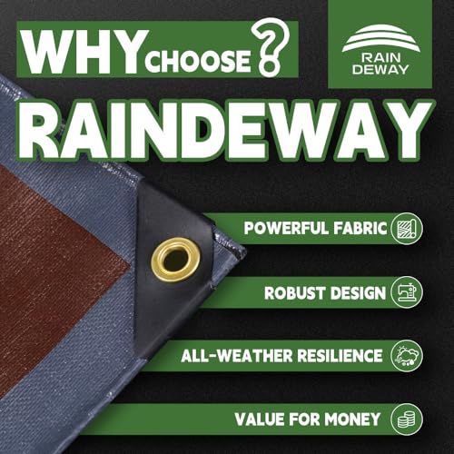 RAINDEWAY 8x8 Feet Gray/Brown Heavy Duty Waterproof Tarp - 18 Mil, Reinforced Edges