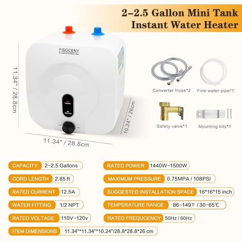 Fisoceny White 2.5 Gallon Under Sink Mini Tank Water Heater 1500W 120V