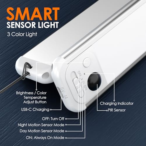 RUIKORING 8.5 Inch Silver Under Cabinet Light 6 Pack with 3 Color Modes