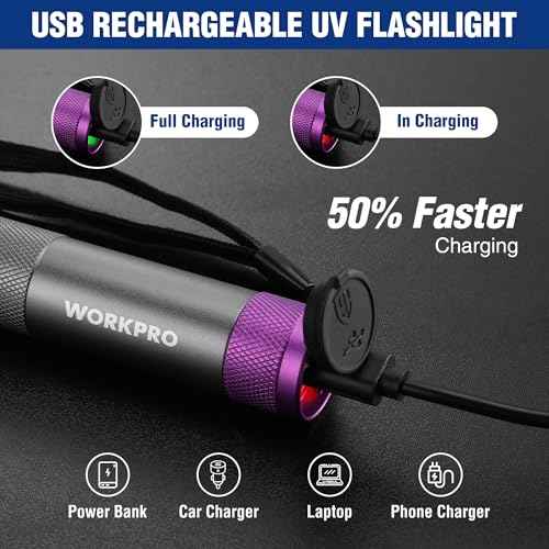 WORKPRO UV Flashlight Black Light, 365nm UV Rechargeable Flashlight, Small Portable Black Light for Pet Dog Urine, Stains Detection/Resin Curing/Fluorescent Agent