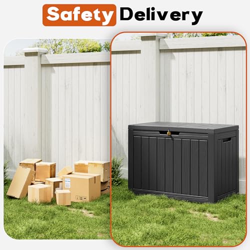 NBYSGO Waterproof Outdoor Storage Box 45 Gal Black Striped Resin Patio Bin