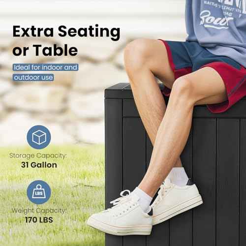 DUMOS 31 Gallon Deck Box, Lockable Outside Storage Box for Outdoor Use, Outside Waterproof Resin Package Delivery Box for Backyard Patio Garden, Black