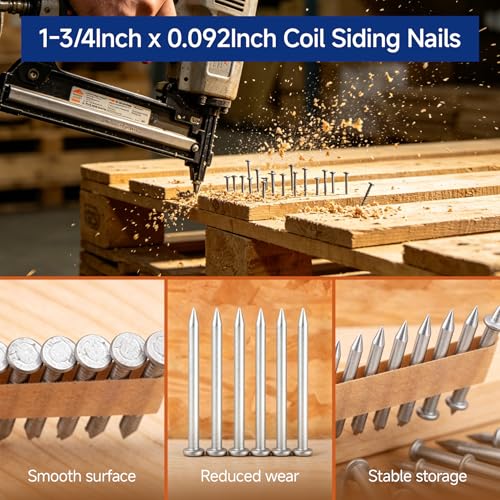 GXYWADY 3600Pcs 1-3/4 Inch Steel Siding Nails, 0.092 Inch Diameter, Galvanized Coil Nails, 15° Incline for Exterior & Interior Projects (Variation: 1 / 0.092*1-3/4in)