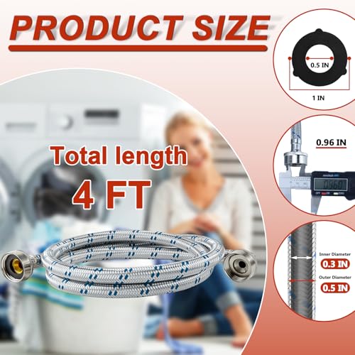 Cenipar 4FT Stainless Steel Washing Machine Hoses with 90° Elbow - Hot & Cold Water Supply Line, 2 Pack