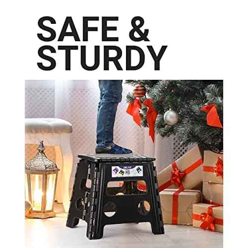 Delxo Folding Step Stool, 13 inch Non-Slip Foldable Stools Up to 300 LBS, Step Stool with Handle, Lightweight for Kitchen, Bathroom, Bedroom, Garden, Black, 1PC