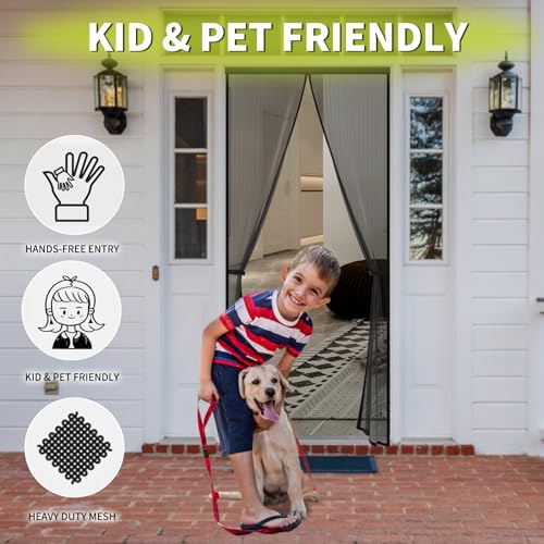 Iduontis Magnetic Screen Door - Fits 36 x 82 Inch Door, Black Polyester, Hands-Free Mesh Barrier with Hook & Loop Frame, Pet & Kid Friendly