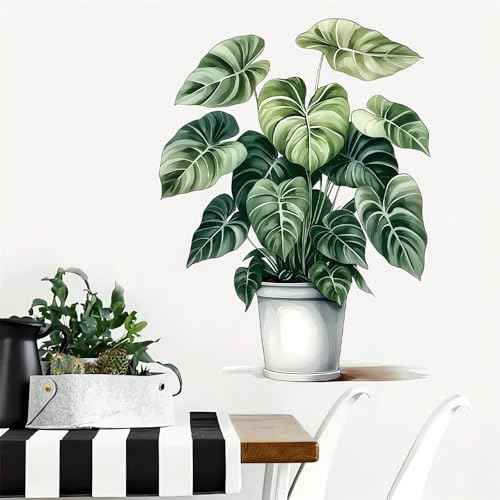 Green Plant Potted Wall Stickers, sacinora Broad-Leaved Plant Art Wall Decals Removable Vinyl Peel and Stick for Living Room Bedroom Study Room Kitchen Home Decorations