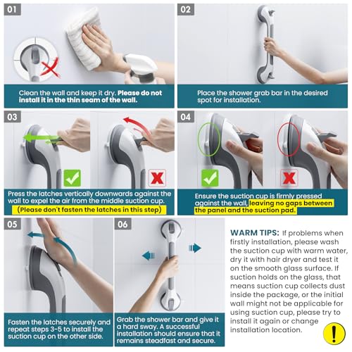 TAILI 16.8-Inch Suction Shower Grab Bars for Elderly, 2 Pack, Grey