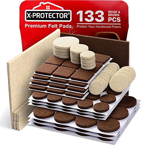 Brown & Beige Felt Furniture Pads 133 pcs – Floor & Chair Leg Protectors, Multiple Sizes