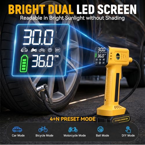 Rafeox Yellow Portable Cordless Tire Inflator with Long Air Hose, Fast Inflation, Auto Shut-Off