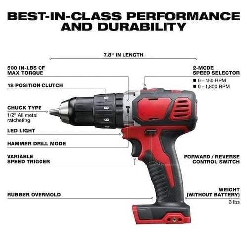 2607-20 Hammer Drill for Milwaukee M18 18V Cordless Compact 1/2" Hammer Drill/Driver (Tool Only)