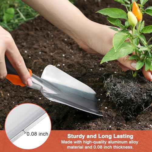 Garden Tools Set, 3 Pack Heavy Duty Gardening Tools Set Include Garden Shovel, Transplant Trowel and Hand Rake with Ergonomic Handle, Aluminum Alloy Lawn for Planting, Orange