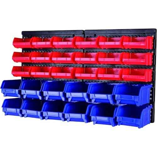 MaxWorks 80694 30-Bin Wall Mount Parts Rack/Storage for your Nuts, Bolts, Screws, Nails, Beads, Buttons, Other Small Parts,Blue and Red