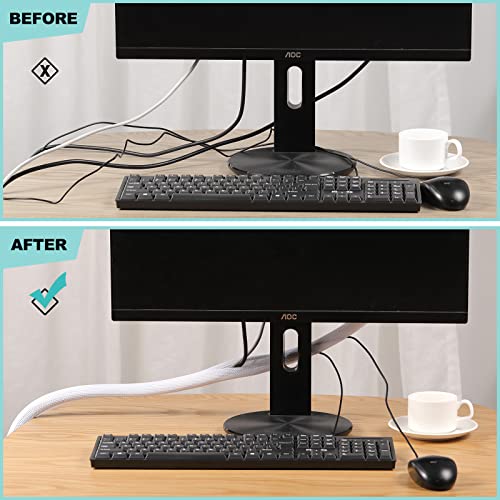 AGPTEK White Cable Management Sleeve 1.2 Inch 10ft Pack - Flexible Wire Hider for Safe Home & Office Organization