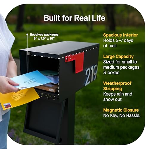 Adoorn Large Black Post Mount Mailbox - USPS Approved, 20.75" x 9.5" x 9.5"