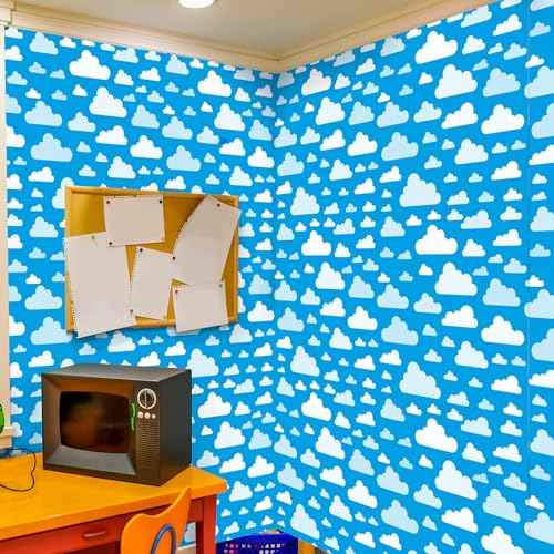 Cartoon Wallpaper Peel and Stick Blue Sky White Clouds Removable Wallpaper Vinyl Self Adhesive Cartoon Room Decor Photo Background for Room Playroom Nursery Wall Decorations 17.7x118 Inch
