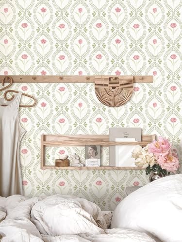 Orainege Floral Peel and Stick Wallpaper 16.9 x 118.1 inches - Green/Pink