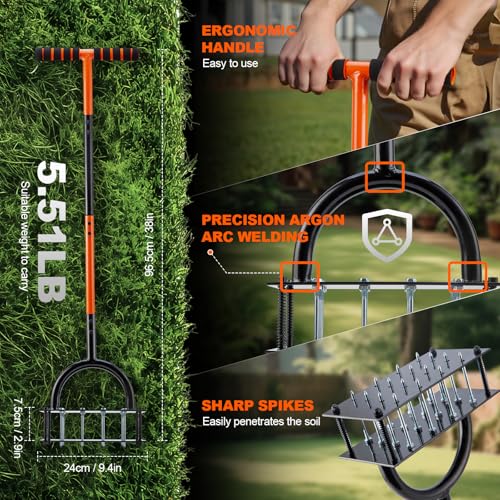 Bluesea Lawn Aerator with 16 Steel Spikes & Orange T-Handle - Heavy Duty