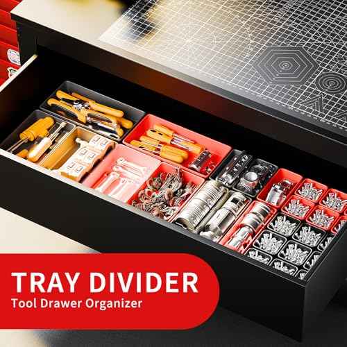 [5 Sizes] [69 PCS] Tool Drawer Organizer, Desk Tray, Rolling Chest, Toolbox (Black+Red)