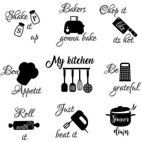 Seajan 4 Pcs Kitchen Wall Stickers Kitchen Quotes Wall Decals with Funny Lettering Vinyl Fun Utensils Sticker Peel and Stick Arts for Fridge Restaurant Bar Home Decoration