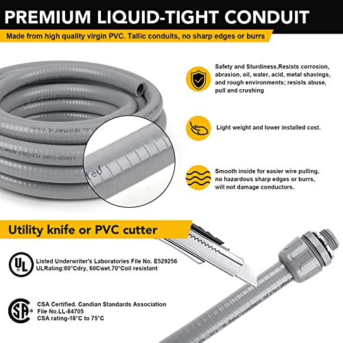 Elecoman 3/4 Inch 25ft Liquid-Tight Flexible PVC Electrical Conduit Kit with Connectors
