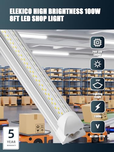 ELEKICO 100W 8FT LED Shop Lights Pack of 6 - Ultra Bright Commercial Grade