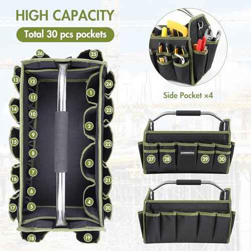20In Electrician Tool Bag, Foldable Bags For Men Heavy Duty, Open Top Tool Tote, 30 Pockets Can Hold Many fittings, Organizer Stainless Steel Handle and Removable Shoulder Strap