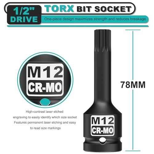 1/2" Drive M12 XZN Bit Socket, Triple Square Spline Bit Socket, CR-MO, Professional Mechanic and Auto Repair