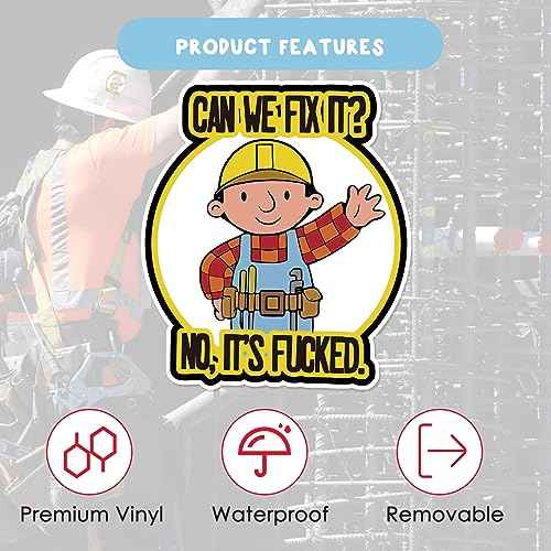 5 Pack Funny Hardhat Stickers - Can We Fix It? No, It's Fucked, Cute Cartoon Hard Hat Stickers for Builder, Waterproof Vinyl Stickers for Tool Box, Helmet (3 inch)