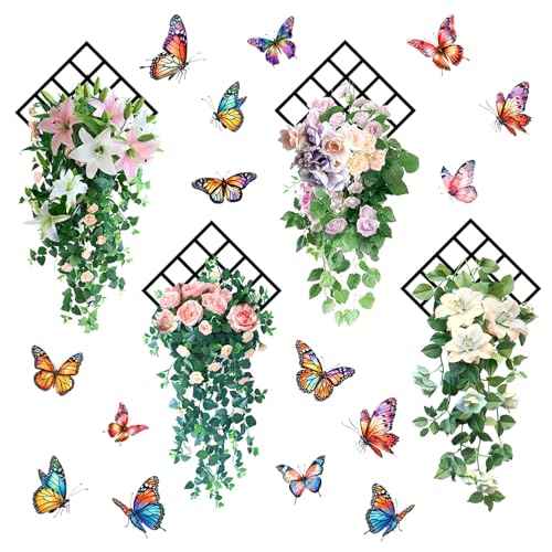 Rose Butterfly Wall Stickers, 4 Pcs 35.4 in x 11.8 in Self-Adhesive Flower Wall Stickers for Home Wall Decoration (4)