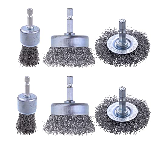Rocaris 6 Pack Carbon Steel Wire Wheel Brush Set for Drills - Heavy Duty Wire Brushes for Rust & Paint Removal