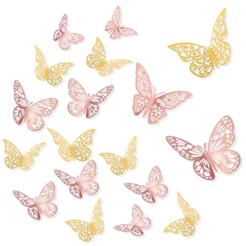 72Pcs 3D Butterfly Wall Decor 3 Styles 3 Sizes Removable Butterflies Wall Decor Set Stickers for Birthday Decorations Party Decorations Cake Decorations Wedding Bedroom Decor Gold and Rose Gold