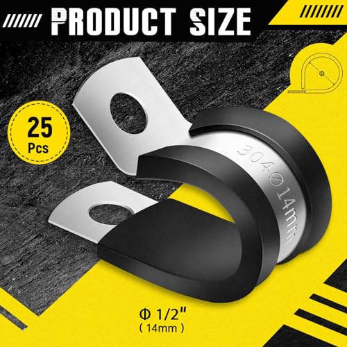 25 Pcs Rubber Cable Clamps, 1/2 Inch Stainless Steel Metal Cable Clamps, Insulated Wire Clamp for Tube Pipe Wire Hose Installation