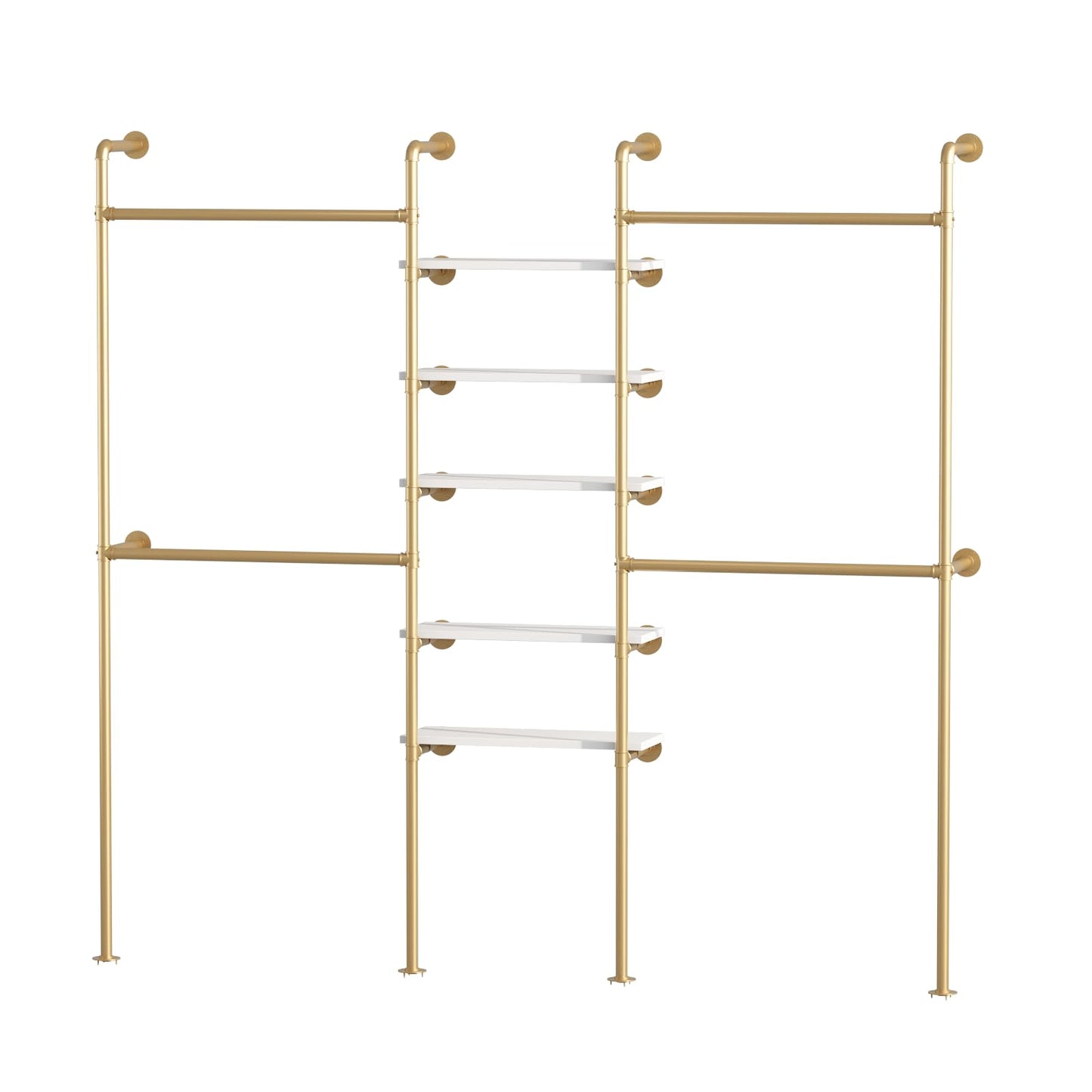 WTPLWD Industrial Pipe Clothing Racks with 5 Shelves, Wall Mounted Gold Clothes Rack for Hanging Clothes, Gold Wall Clothing Rack, Heavy Duty Clothes Rack for Walk in Closet, Laundry Room