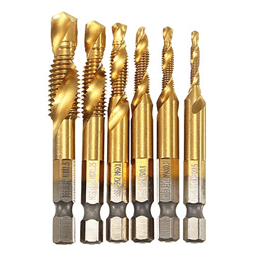 6Pcs Titanium Combination Drill and Tap Bit Set, Metric Drill Tap Bits Screw Tapping Bit Tool 1/4" Hex Shank 3 Functions in 1