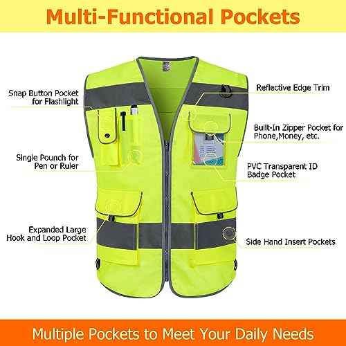 TCCFCCT Safety Vest for Men Women 9 Pockets High Visibility Vest for Safety, Reflective Work Vest with Reflective Strips, Meets ANSI/ISEA Standards, (Yellow, Large)