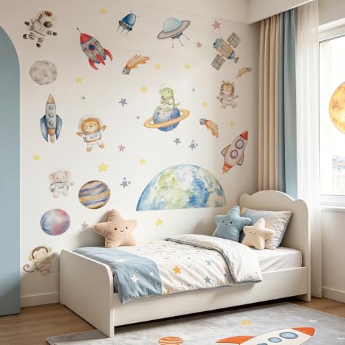 Space Animal Wall Decals for Kids Bedroom - 39x12 Inch Peel & Stick Decor