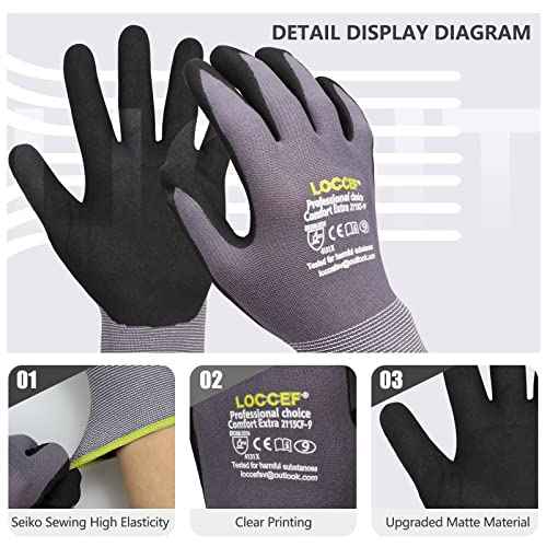 LOCCEF Work Gloves MicroFoam Nitrile Coated-6 Pairs,Seamless Knit Nylon Gloves,Gray Work gloves