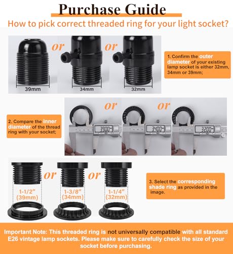 DiCUNO Black E26 Lamp Shade Ring Set 34mm & 39mm Inner Diameter - 4 Pack, Includes 1-3/8" & 1-1/2" Sizes