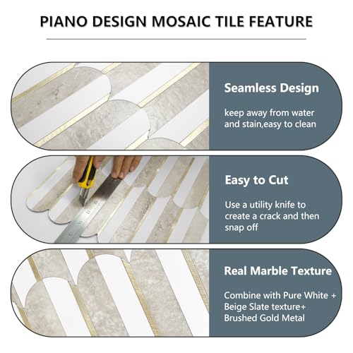 Vamos Peel and Stick Backsplash Tiles - White, Beige Slate & Light Gold, 10 Sheets