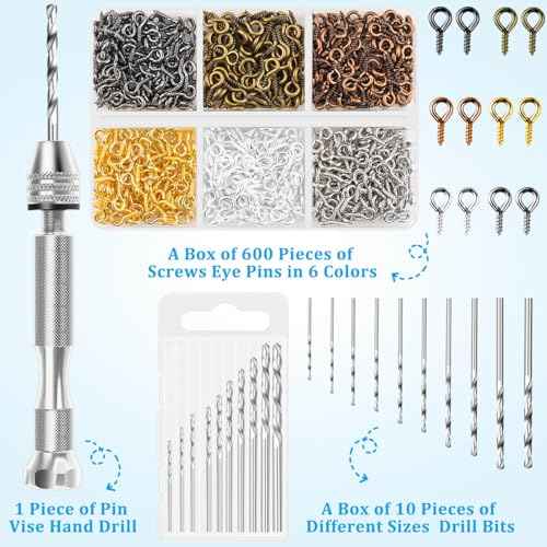 Shynek Pin Vise Hand Drill Set, Manual Hand Drill with 600PCS Small Screw Eye Hooks and 10 Different Sizes Drill Bits for Keychain, Jewelry Making and Crafts