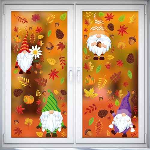 Pack of 159 Window Stickers Autumn, Maple Leaf Autumn Decoration Windows Self-Adhesive Stickers, Small Animals Pumpkin Turkey Window Fall Windows Stickers for Indoor Outdoor Glass Thanksgiving Autumn