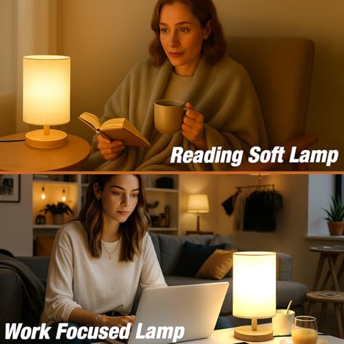 EZIYIN Flax White Bedside Table Lamp with Wooden Base & LED Bulb - Small Nightstand Light for Bedroom & Office