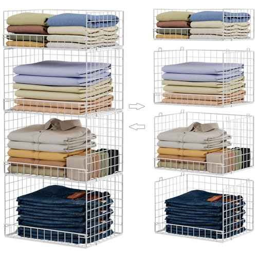 4 Tier Stackable Closet Organizers and Storage Shelves, Foldable Closet Shelf Organizer System, Stackable Storage Bins Drawers for Clothes Organizer System, White(Patent Pending)
