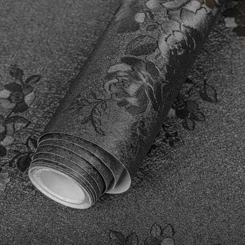 TANONE Black Peel and Stick Wallpaper 17.7" X 236" Black Embossed Floral Contact Paper Self Adhesive Removable Textured Wallpaper Vinyl Thicken Wall Paper for Wall Furniture Cabinet Drawer Dresser