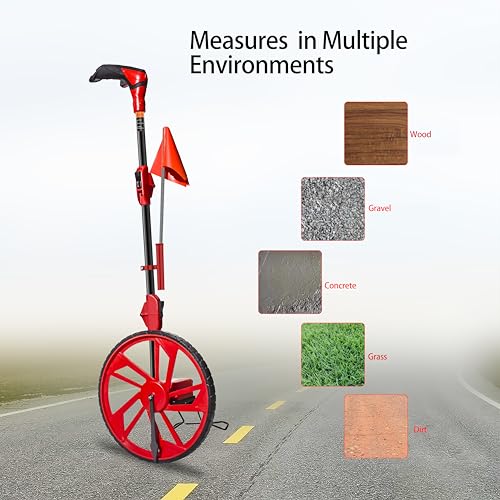 XIJIXI Distance Measuring Wheel 12.5” Dia. Collapsible with One-Key Zero, Red with 10 Flags, Large Plastic