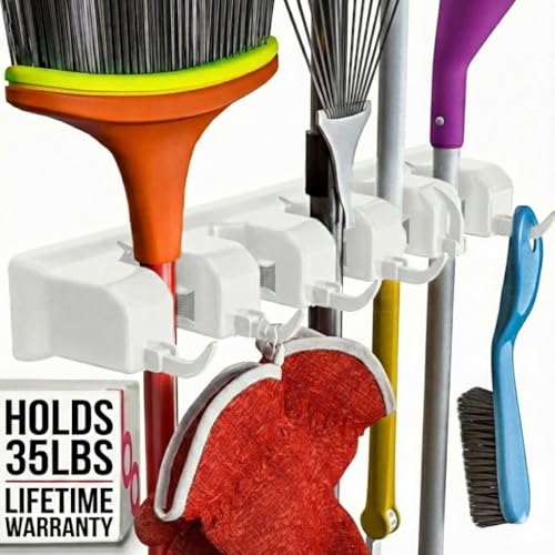 Berry Ave 1 Pack Wall Mount Broom & Mop Organizer with 5 Slots, 6 Hooks, White