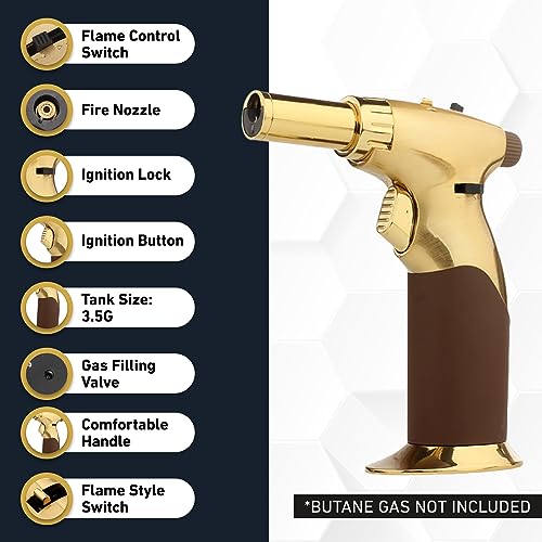 Dual Flame Butane Torch Gun - Refillable Luxury Hand Held Mini Blow Torch for Cooking, Creme Brulee, Soldering, Welding, & Resin Art - Adjustable Flame with Ignition Lock - Gold Brown by inZaynity