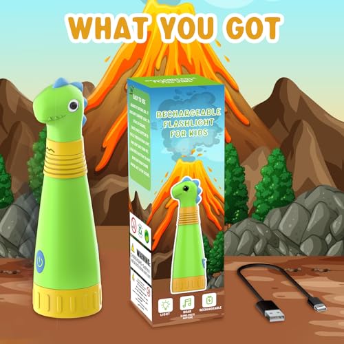 Rechargeable Dinosaur Flashlight with Roar for Kids, Kids Flashlight Camping Gear Handheld Flashlight for Kids, Halloween Christmas Lights for Boys Girls, Dino Kid Lantern