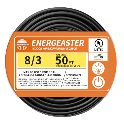 Energeaster 50FT 3x8AWG Indoor Stranded Copper Cable with Ground NM-B 600V
